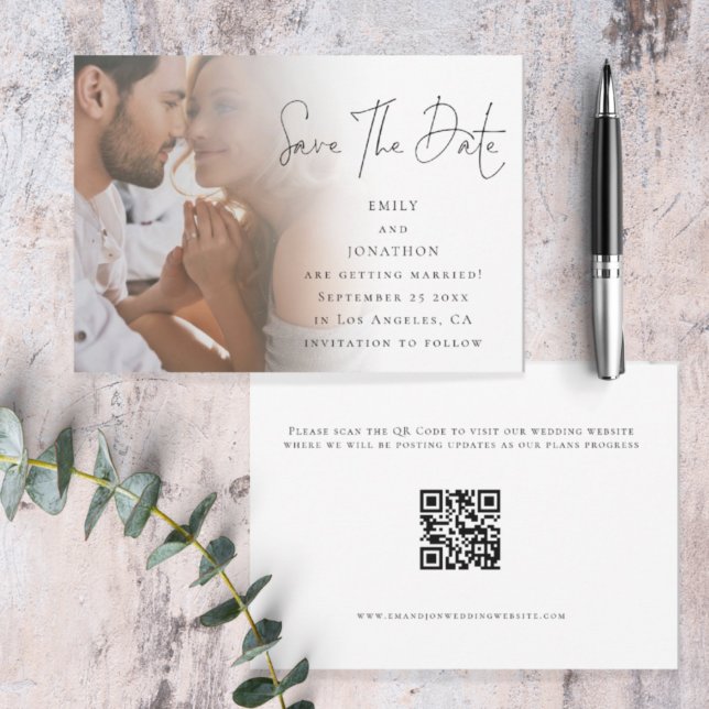 Modern Script Photo QR Code Wedding Save The Date (Front and back view. Available digitally and printed. Part of a large matching wedding suite.)