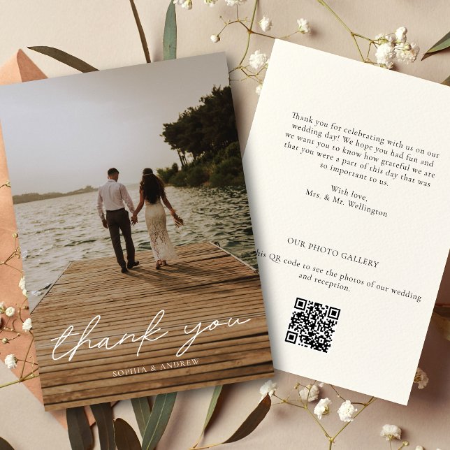 Modern Script Photo QR Code Wedding Thank You Card (Creator Uploaded)