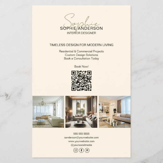 Modern Script Photo QR Cream Professional Business Flyer (Front)