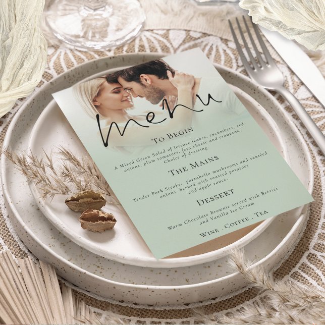 Modern Script Photo Sage Green Wedding Menu Invitation (Modern Photo Overlay Sage Green Menu available printed or digitally)
