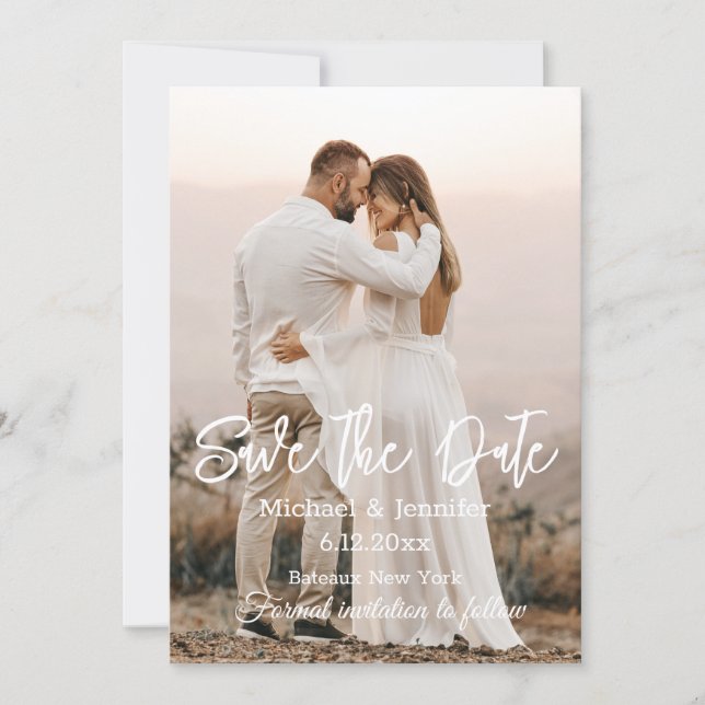 modern script photo save the date minimal wedding invitation (Front)