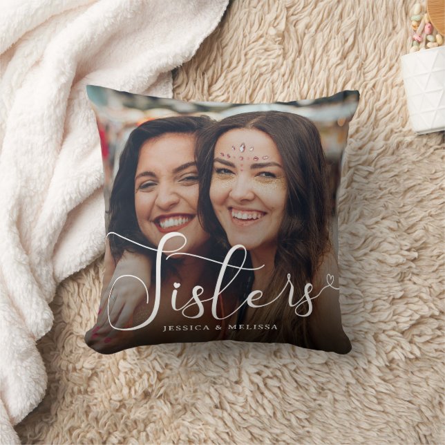 Modern Script Photo Sisters Gift Throw Pillow (Blanket)