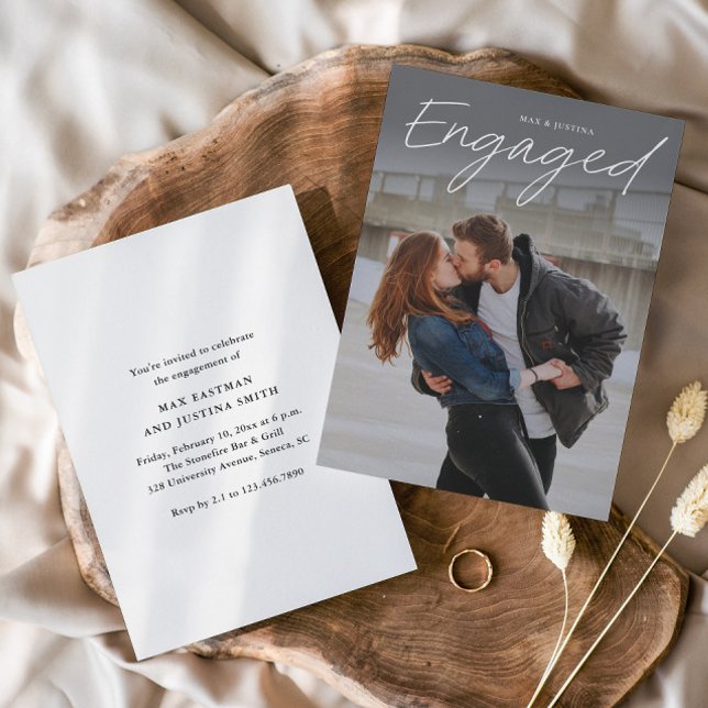 Modern Script Photo Wedding Engagement Party Invitation (Modern script engaged photo wedding engagement party or shower invitations.)