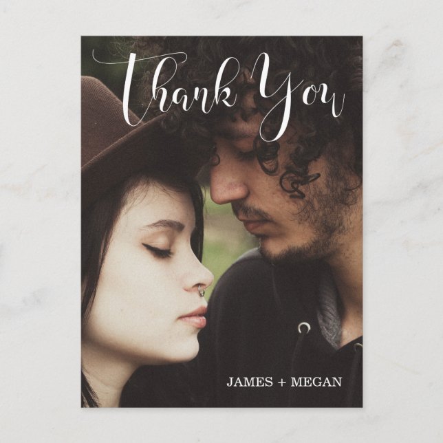 Modern Script Photo Wedding/ Engagement Thank You Postcard (Front)