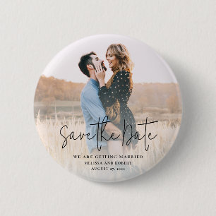 Modern Script Photo Wedding Save the Date Keepsake 2 Inch Round Button