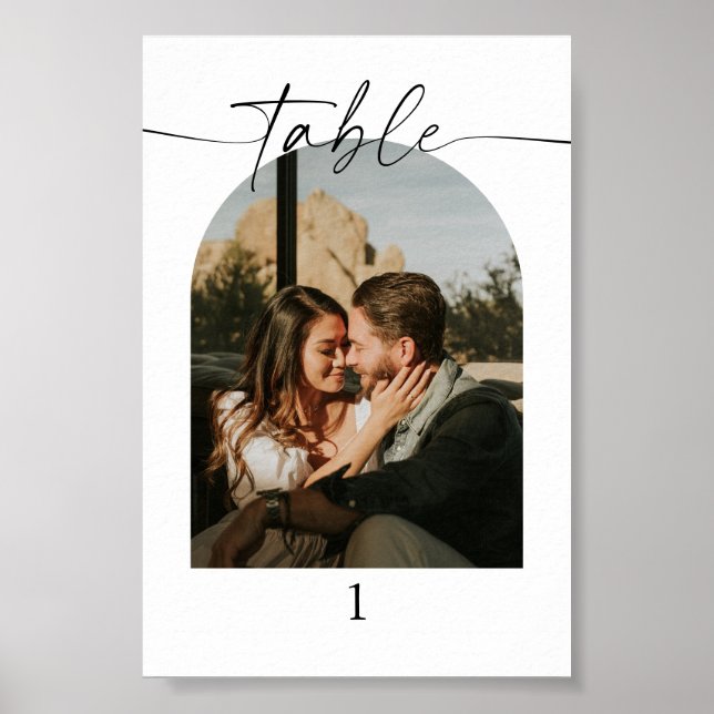Modern Script Photo Wedding Table Numbers Poster (Front)