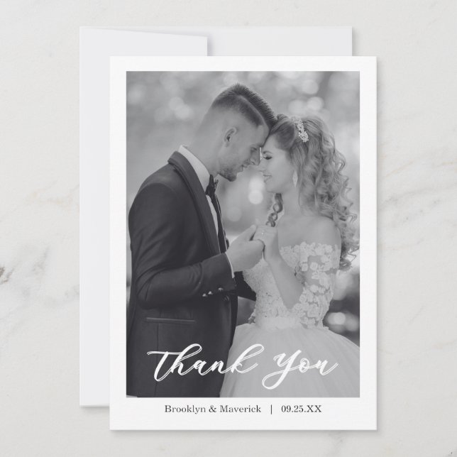 Modern Script Photo Wedding Thank You Card (Front)