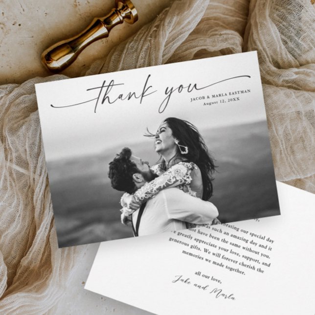 Modern Script Photo Wedding Thank You Card (Elegant photo wedding thank you card with modern simple script typographic overaly.)