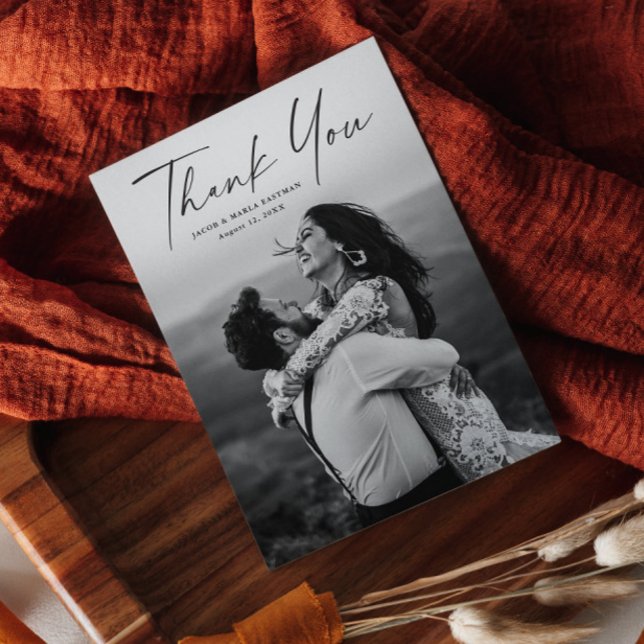 Modern Script Photo Wedding Thank You Magnet (Simple and elegant modern script wedding photo thank you magnetic card.)