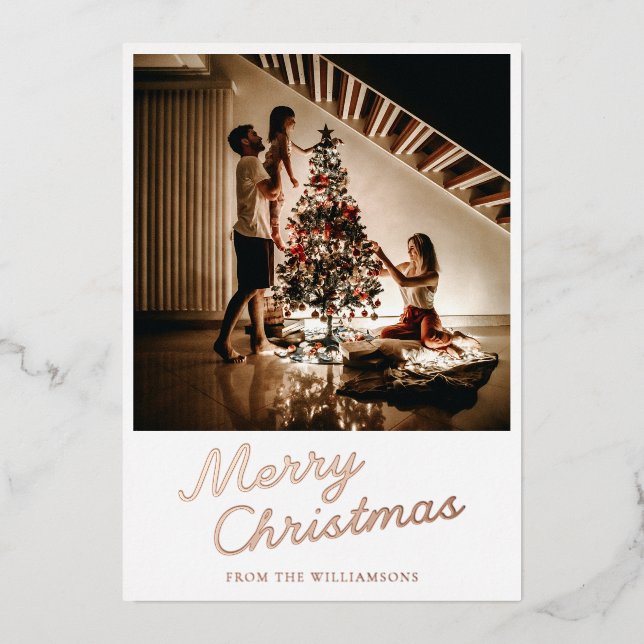 Modern Script Photo White Christmas Rose Gold Foil Holiday Card (Front)