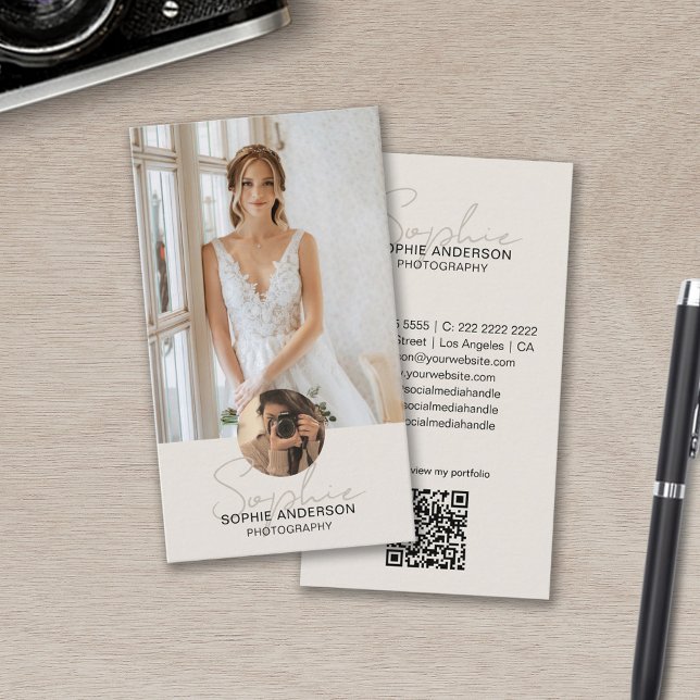 Modern Script Photographer Photo QR Code Tan Business Card (Modern Script Photographer Photo QR Code Tan Business Card)