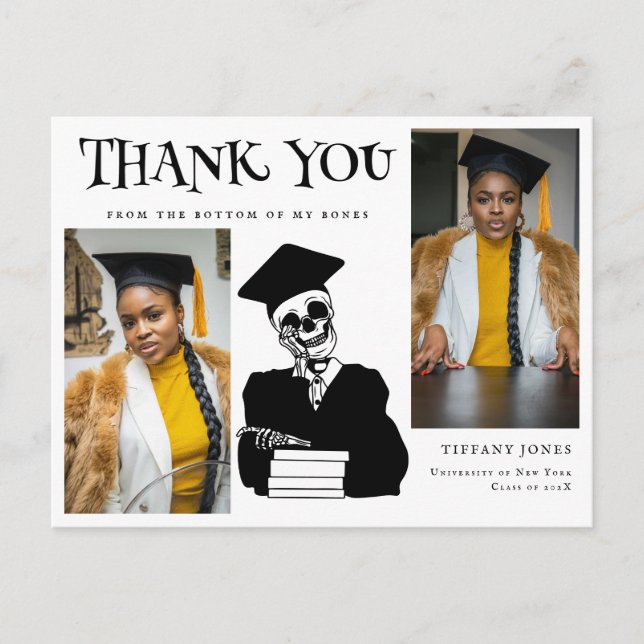 Modern Script Photos Skeleton Graduation Thank You Postcard (Front)