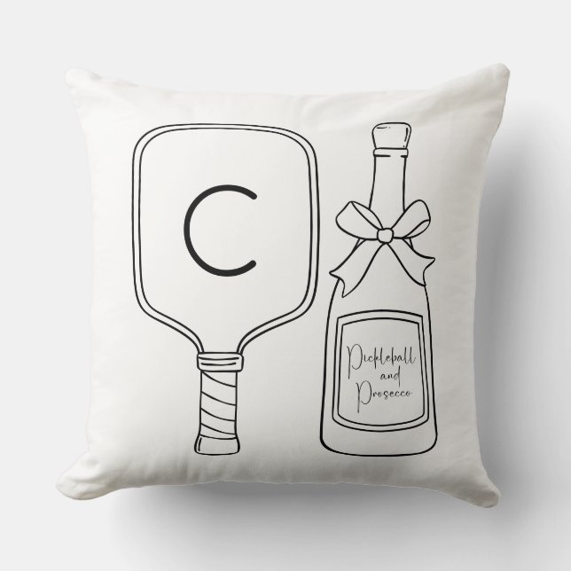 Modern Script Pickleball & Prosecco Monogram Throw Pillow (Front)