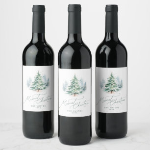Modern Script Pine Tree Merriest Christmas Wine Label