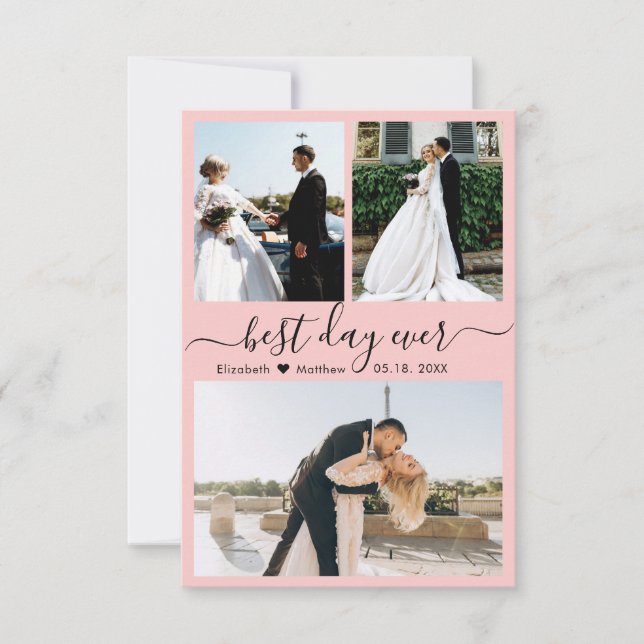 Modern Script Pink 3 Photo Collage Wedding Thank You Card (Front)