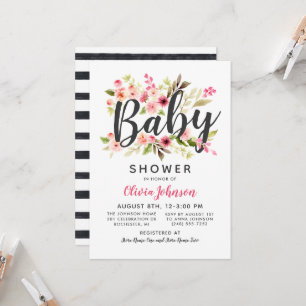 Modern Script Pink Floral Girl Baby Shower Invitation