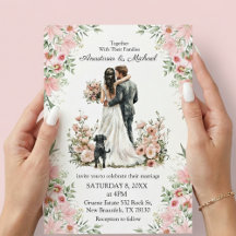 modern script pink floral wedding invitation