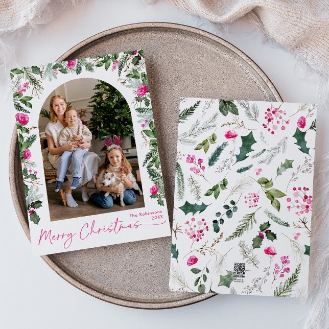 Modern Script Pink Greenery Arch 1 Photo Christmas Holiday Card (Creator Uploaded)
