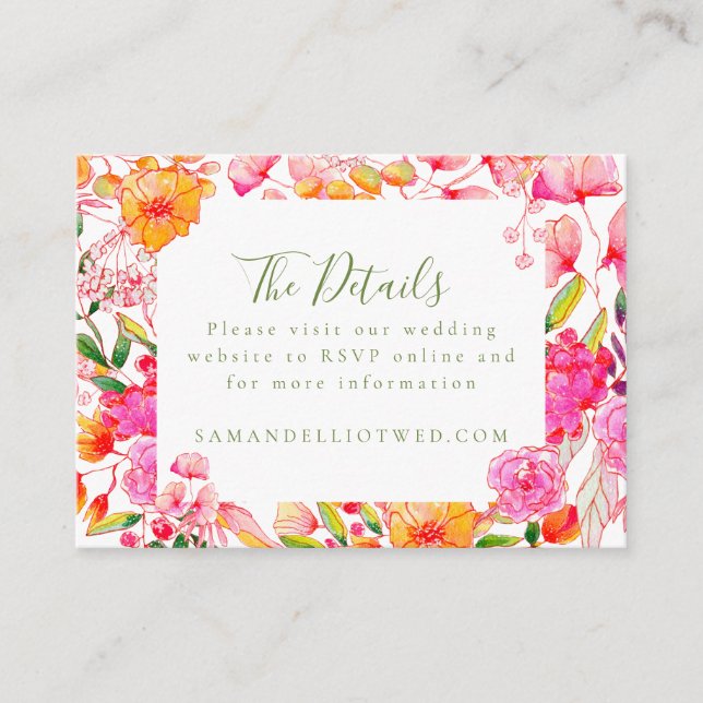 Modern Script Pink Orange Flowers Wedding Details Enclosure Card (Front)