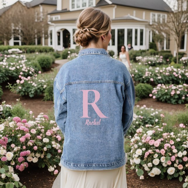 Modern Script Pink Personalized Monogram Name  Denim Jacket (Wedding Back)