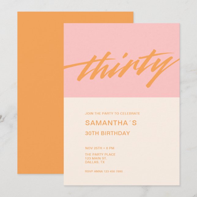 Modern Script Pink Thirty 30th Birthday Invitation (Front/Back)
