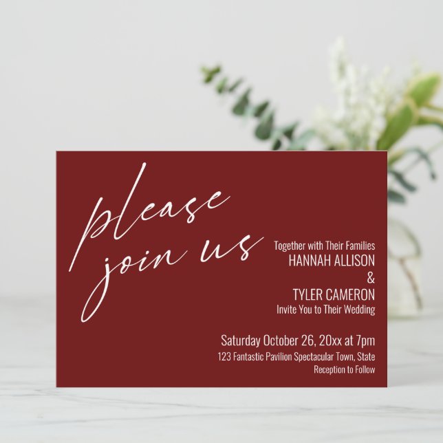 Modern Script Please Join Us Burgundy Wedding Invitation (Standing Front)