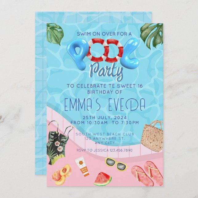 Modern Script Pool Party Sweet 16 Birthday Invitation (Front/Back)