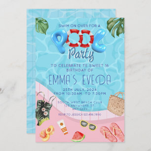 Modern Script Pool Party Sweet 16 Birthday Invitation