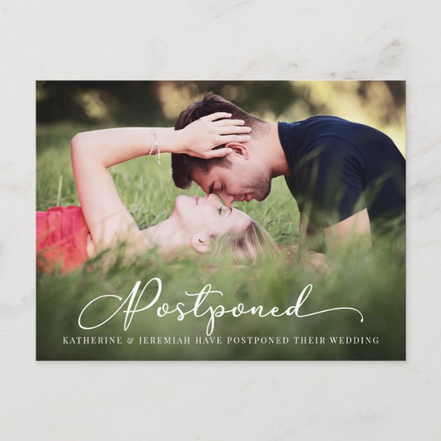 Modern Script Postponed Wedding Announcement Postcard (Front)