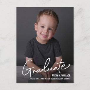 Modern Script Preschool Graduate with Photo Announcement Postcard