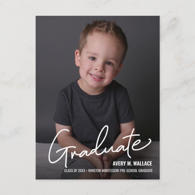 Modern Script Preschool Graduate with Photo Announcement Postcard (Front)