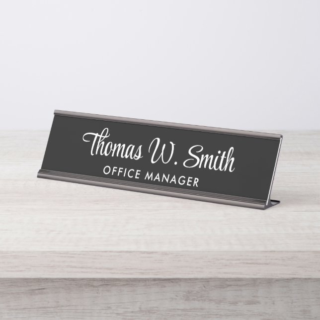 Modern Script Professional Black Desk Name Plate (Front)