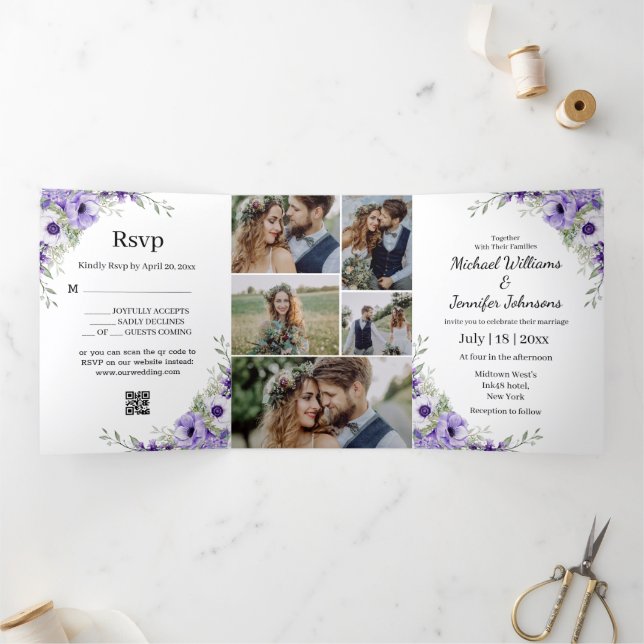 modern script purple floral 5 photos wedding  Tri-Fold invitation (Inside)
