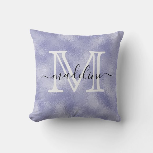 Modern Script Purple Foil Monogram Throw Pillow (Front)