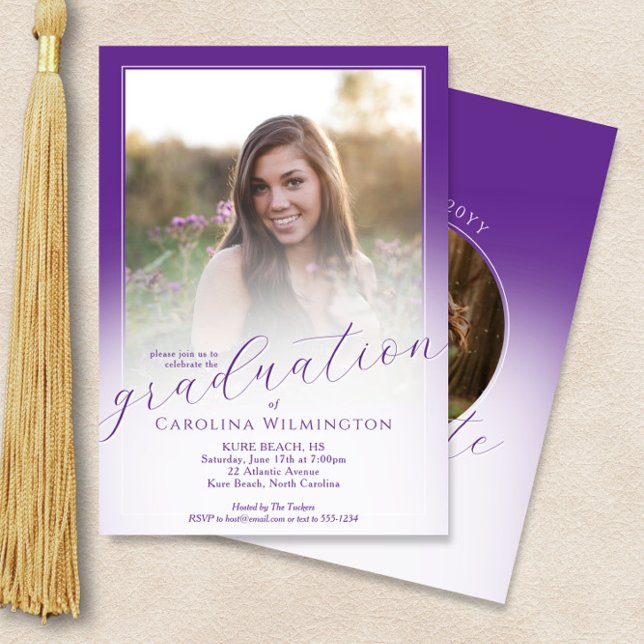 Modern Script Purple Ombre Photo Graduation Invitation (Creator Uploaded)