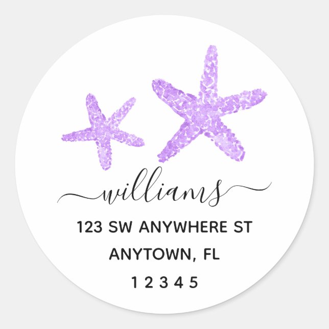 Modern Script Purple Starfish Return Address Classic Round Sticker (Front)