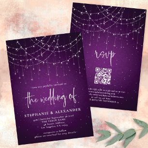 Modern Script Purple String Lights QR Code Wedding Invitation