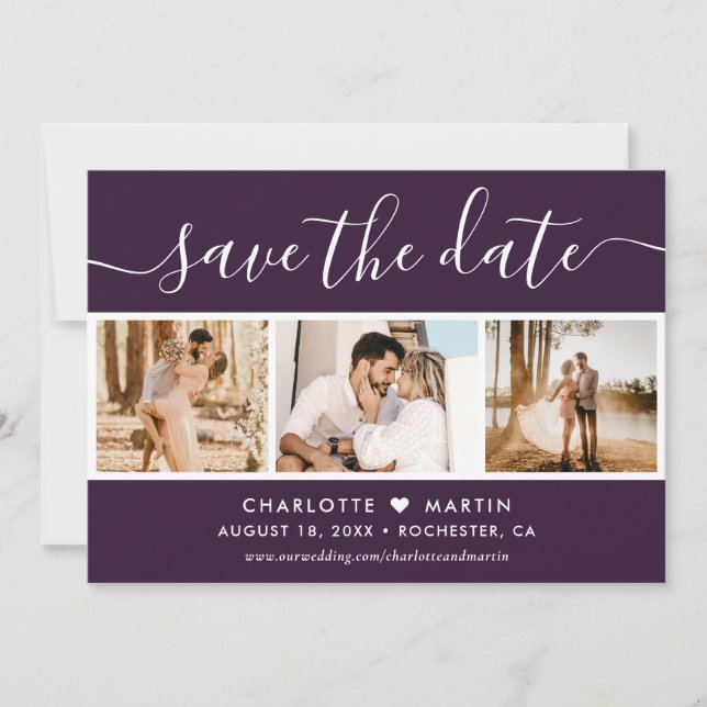 Modern Script Purple Wedding 4 Photo Save The Date (Front)