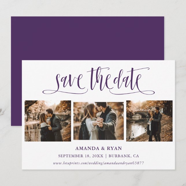 Modern Script Purple Wedding Photo Save The Date (Front/Back)