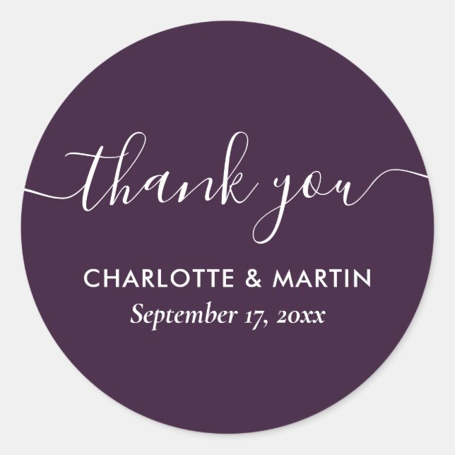 Modern Script Purple Wedding Shower Thank You Classic Round Sticker (Front)