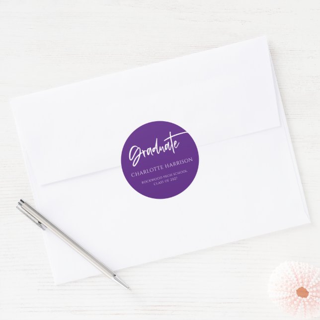 Modern Script Purple White Graduation Classic Round Sticker (Envelope)
