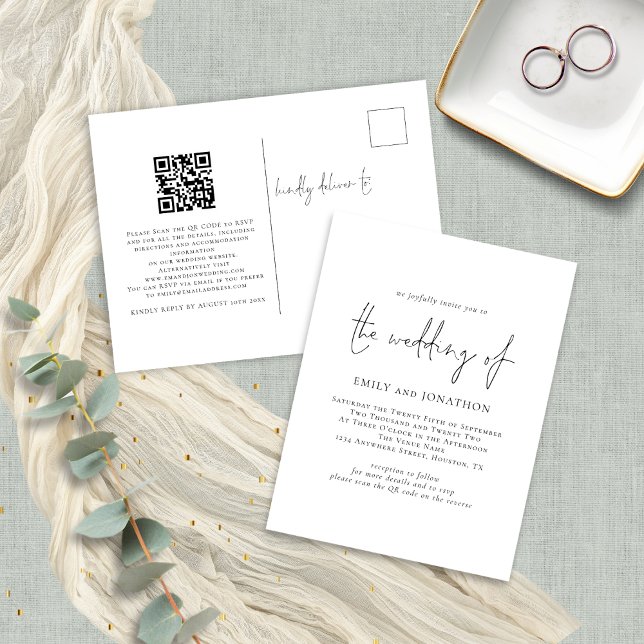 Modern Script QR Code Black and White Wedding Invitation Postcard (Front and back view)