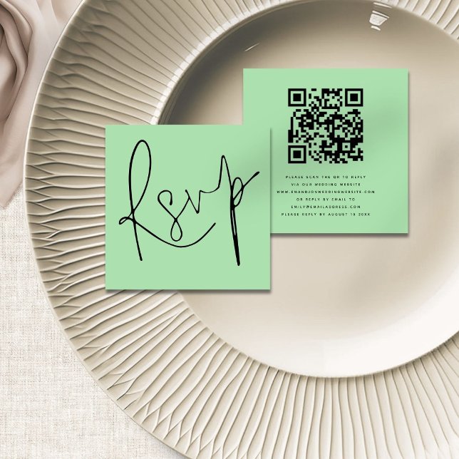 Modern Script QR Code Celadon Green wedding RSVP Enclosure Card (Front and back view)