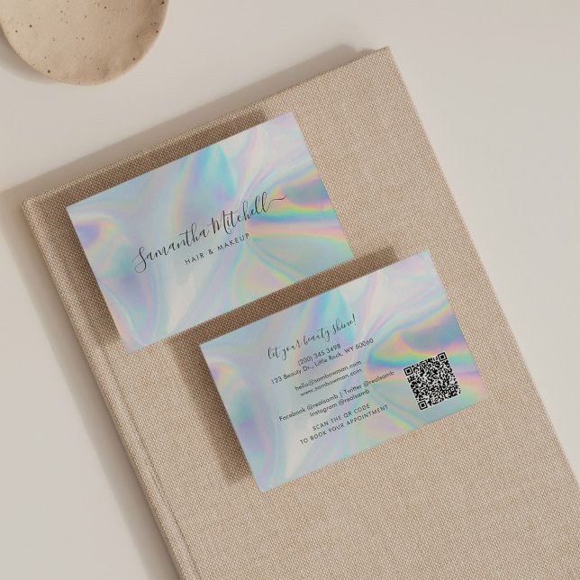 Modern Script QR Code Holographic Beautician Salon Business Card (Creator Uploaded)