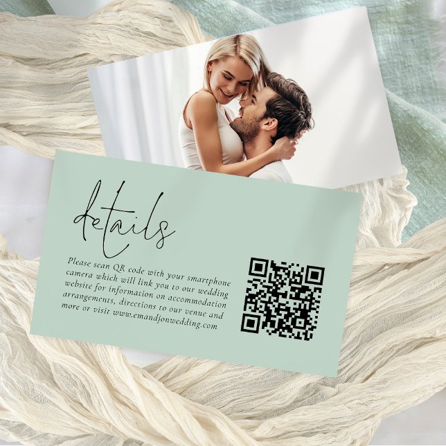 Modern Script QR Code Photo Sage Wedding Details  Enclosure Card (Front and back view)