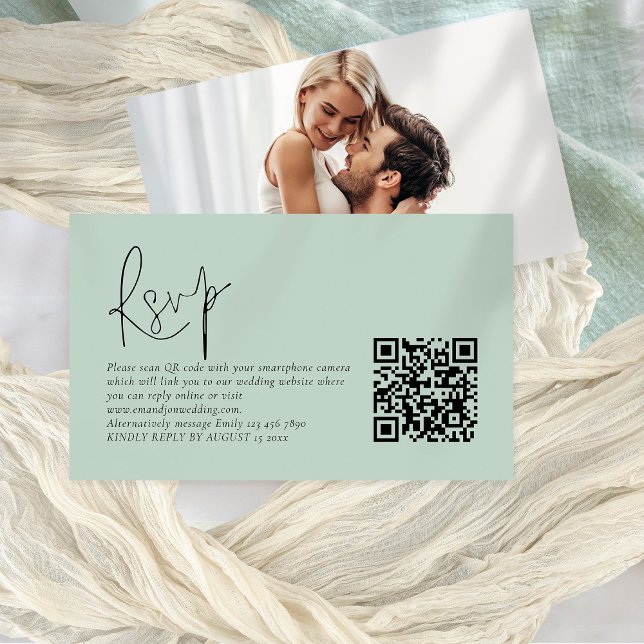 Modern Script QR Code Photo Sage Wedding RSVP Card (Front and back view)
