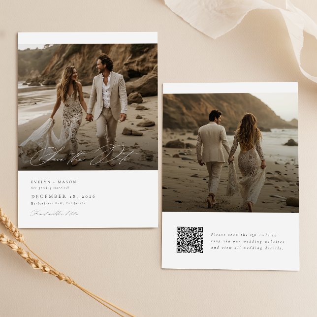 Modern Script QR Code Photo Wedding Save The Date Invitation (Creator Uploaded)