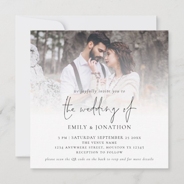 Modern Script QR Code Photo Wedding Square Note Ca Invitation (Front)