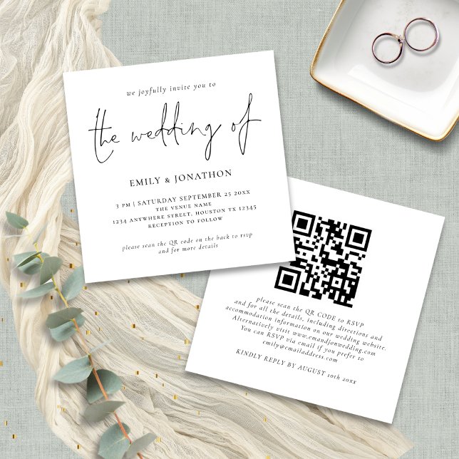 Modern Script QR Code Square Wedding Invitation (Front and back view)