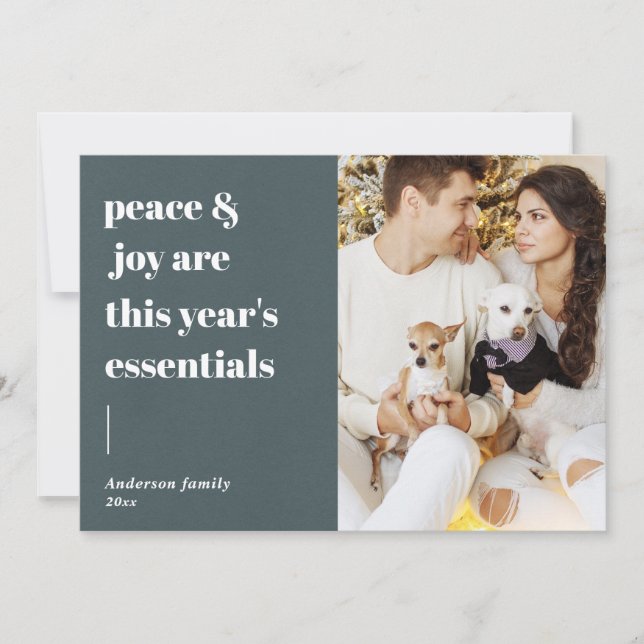modern script quote peace and joy holiday photo card (Front)